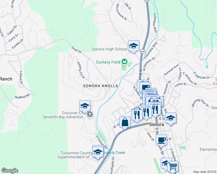 map of restaurants, bars, coffee shops, grocery stores, and more near 400-498 Calaveras Way in Sonora