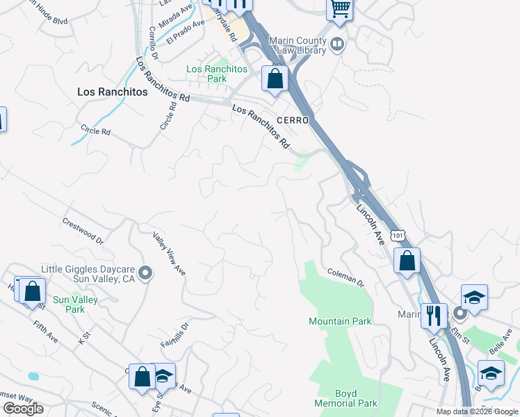 map of restaurants, bars, coffee shops, grocery stores, and more near 25 Red Rock Way in San Rafael