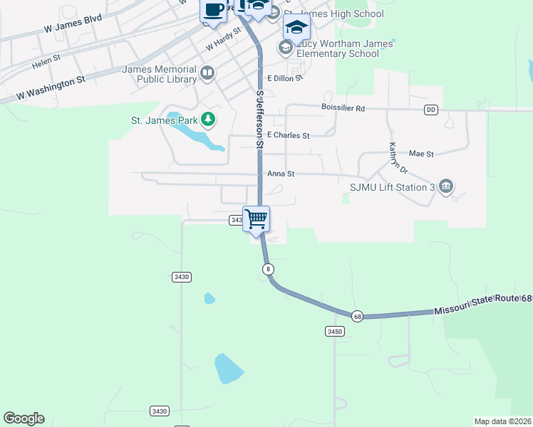 map of restaurants, bars, coffee shops, grocery stores, and more near 914 South Jefferson Street in Saint James