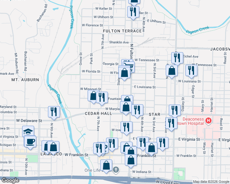 map of restaurants, bars, coffee shops, grocery stores, and more near 1308 West Missouri Street in Evansville