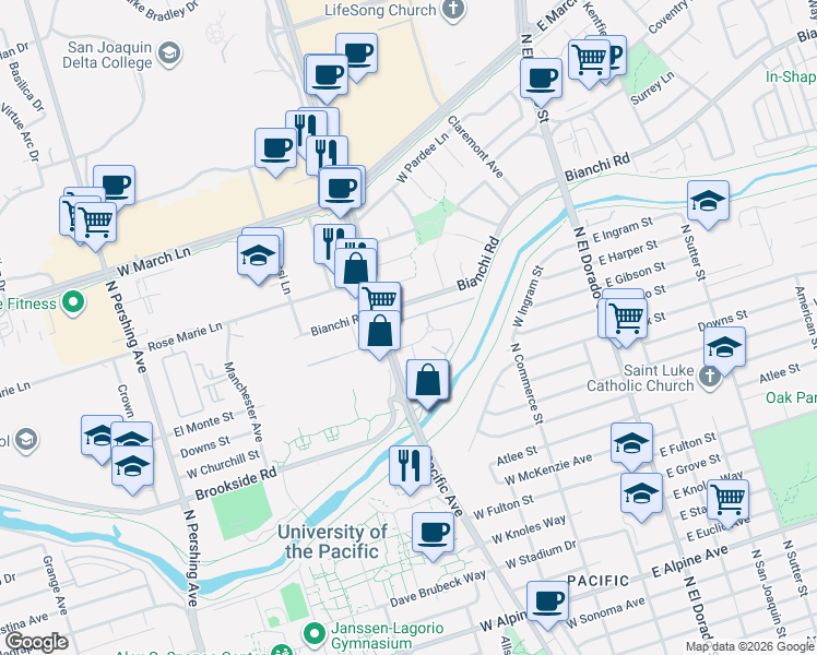 map of restaurants, bars, coffee shops, grocery stores, and more near in Stockton