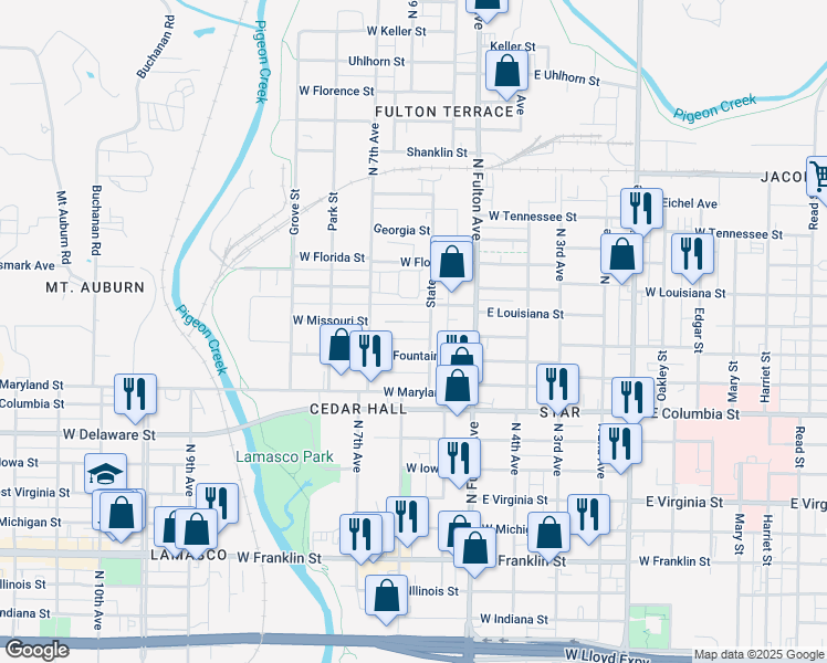 map of restaurants, bars, coffee shops, grocery stores, and more near 1308 West Missouri Street in Evansville