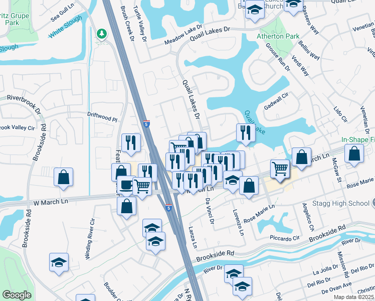 map of restaurants, bars, coffee shops, grocery stores, and more near 4661 Quail Lakes Drive in Stockton