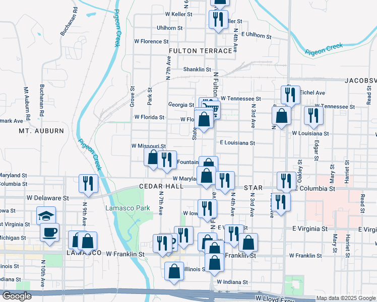 map of restaurants, bars, coffee shops, grocery stores, and more near 1308 West Missouri Street in Evansville