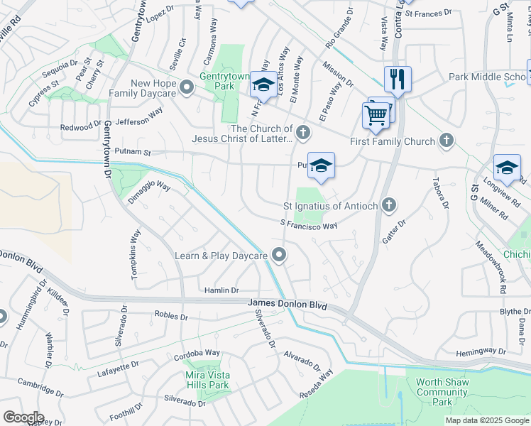 map of restaurants, bars, coffee shops, grocery stores, and more near 3163 South Francisco Way in Antioch