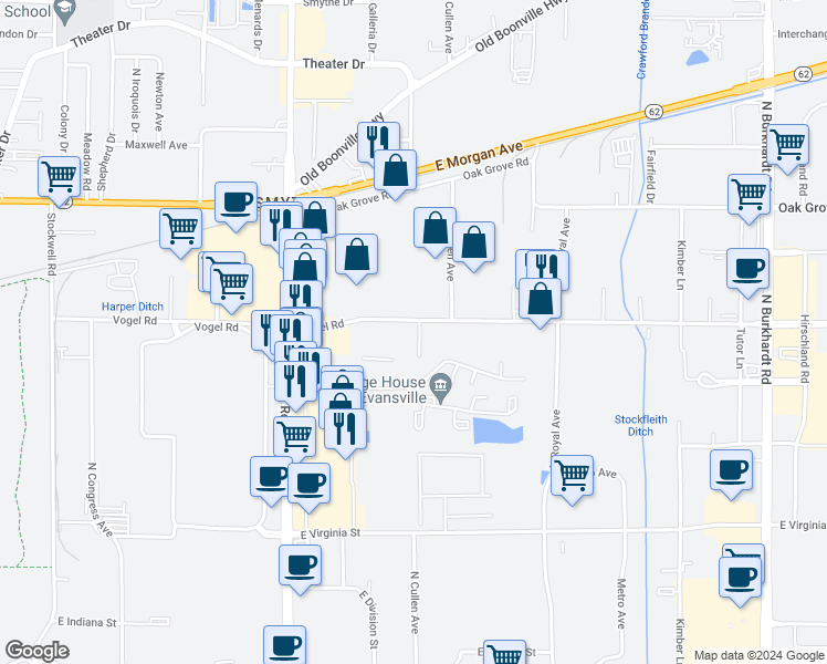 map of restaurants, bars, coffee shops, grocery stores, and more near 1130 Loft Cove in Evansville