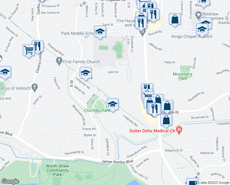 map of restaurants, bars, coffee shops, grocery stores, and more near 124 Terranova Drive in Antioch