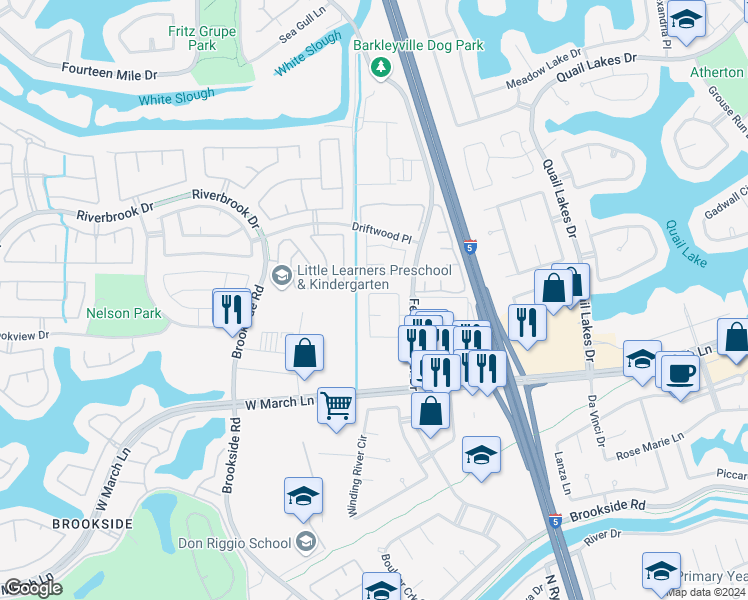 map of restaurants, bars, coffee shops, grocery stores, and more near 5022 Moss Creek Circle in Stockton