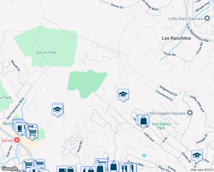 map of restaurants, bars, coffee shops, grocery stores, and more near 34 Shannon Lane in San Rafael