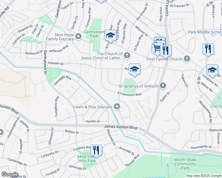 map of restaurants, bars, coffee shops, grocery stores, and more near 3163 South Francisco Way in Antioch