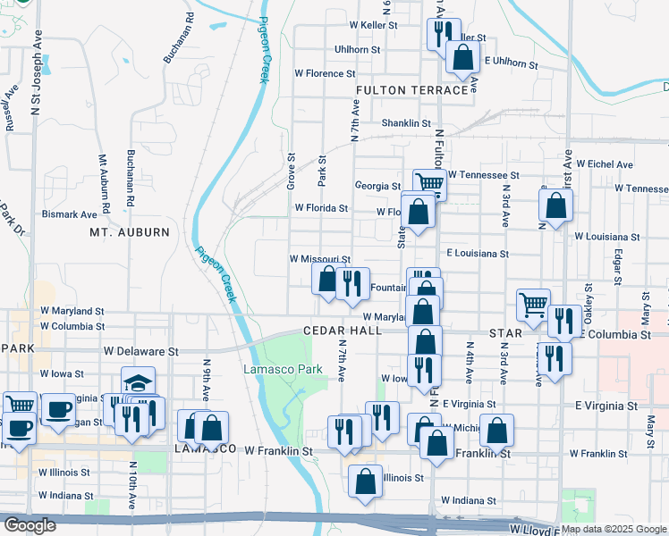map of restaurants, bars, coffee shops, grocery stores, and more near 1512 West Missouri Street in Evansville