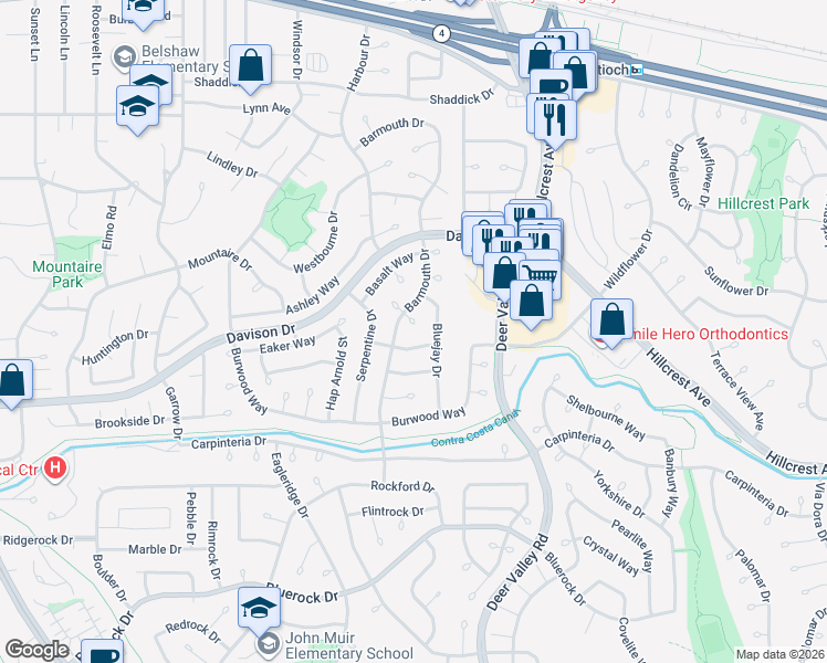 map of restaurants, bars, coffee shops, grocery stores, and more near 908 Myrtlewood Court in Antioch