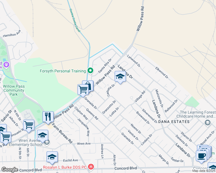 map of restaurants, bars, coffee shops, grocery stores, and more near 1923 Carlotta Drive in Concord