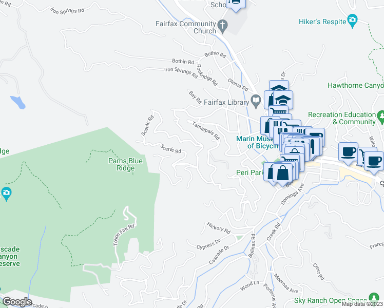 map of restaurants, bars, coffee shops, grocery stores, and more near 300 Scenic Road in Fairfax