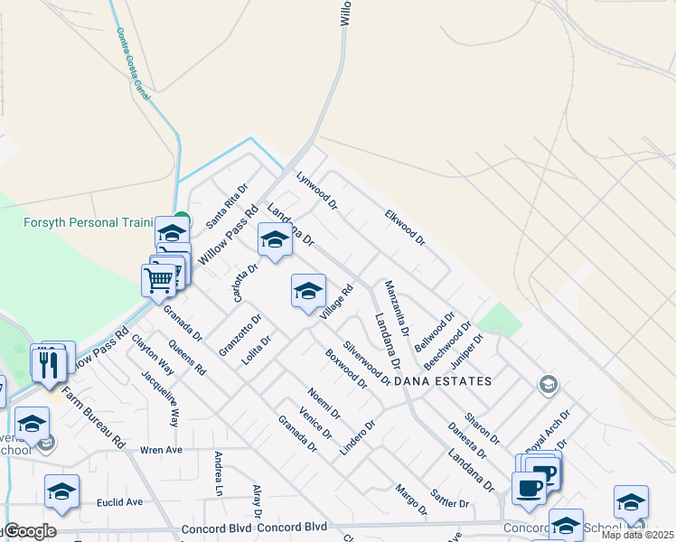 map of restaurants, bars, coffee shops, grocery stores, and more near 1857 Landana Drive in Concord