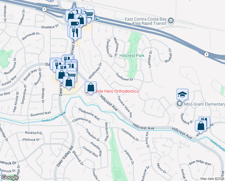 map of restaurants, bars, coffee shops, grocery stores, and more near 3016 Terrace View Avenue in Antioch