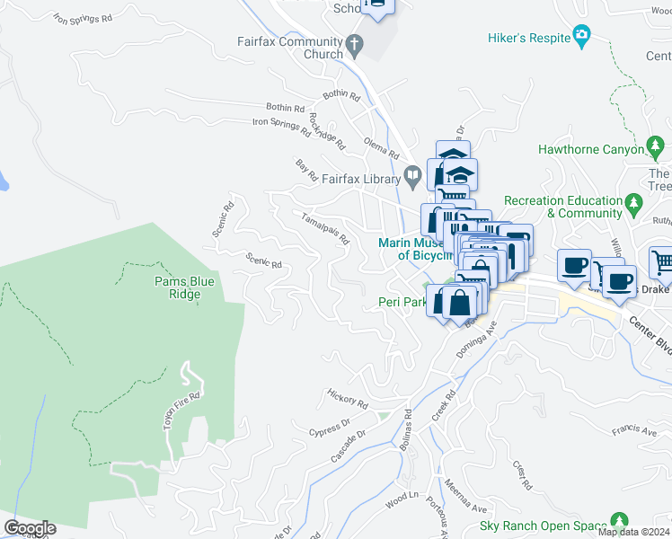 map of restaurants, bars, coffee shops, grocery stores, and more near 5 Berry Trail in Fairfax