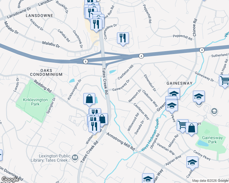 map of restaurants, bars, coffee shops, grocery stores, and more near 1000 Castleton Way in Lexington