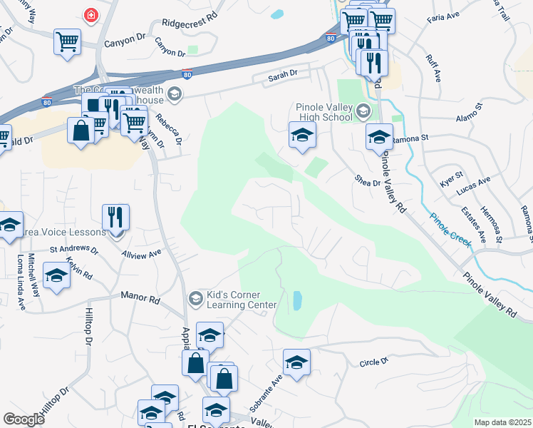 map of restaurants, bars, coffee shops, grocery stores, and more near 204 North Rancho Place in Pinole