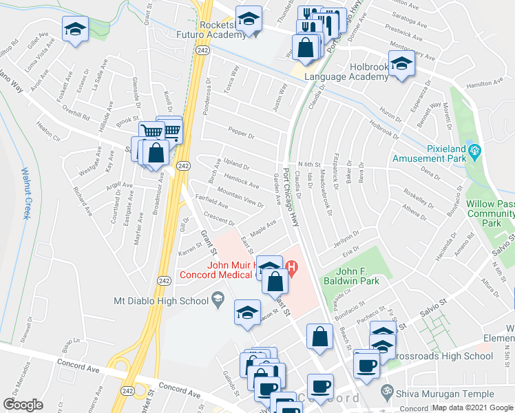 map of restaurants, bars, coffee shops, grocery stores, and more near 2466 Mountain View Drive in Concord