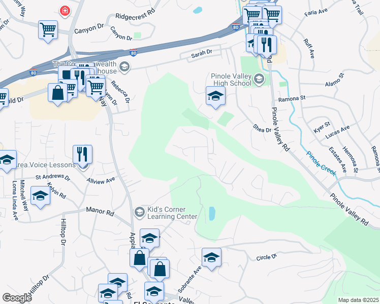 map of restaurants, bars, coffee shops, grocery stores, and more near 204 North Rancho Place in Pinole