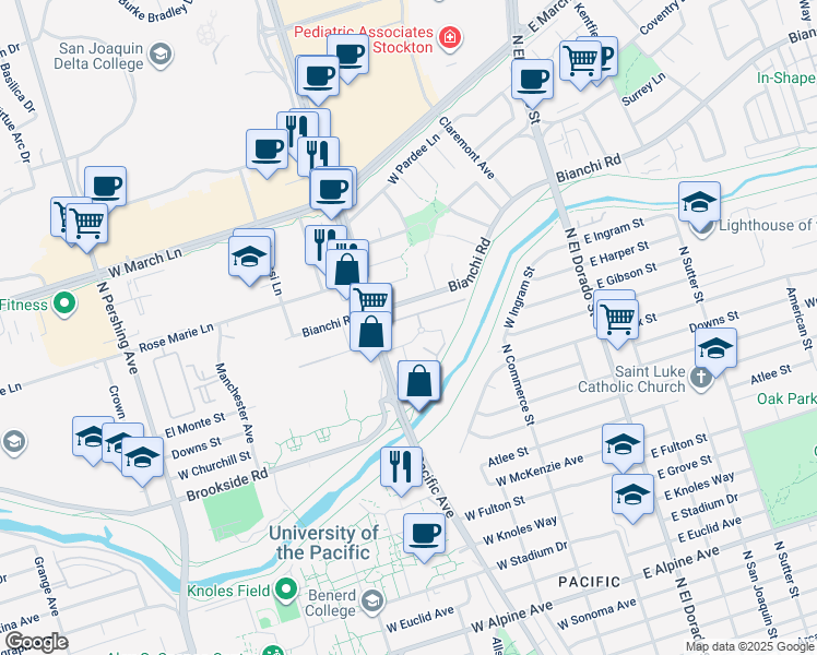 map of restaurants, bars, coffee shops, grocery stores, and more near 328 Northbank Court in Stockton