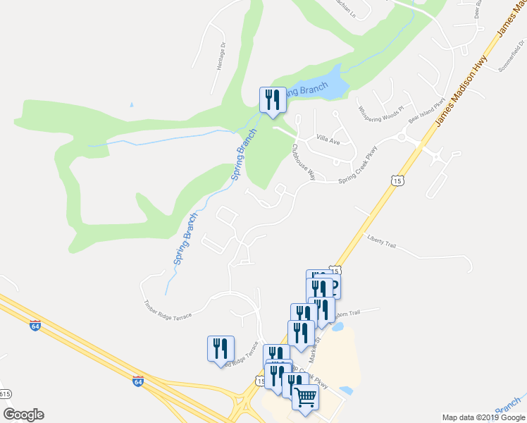 map of restaurants, bars, coffee shops, grocery stores, and more near 129 Timber Ridge Lane in Zion Crossroads