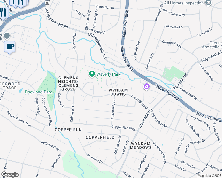 map of restaurants, bars, coffee shops, grocery stores, and more near 4248 Hampton Ridge in Lexington