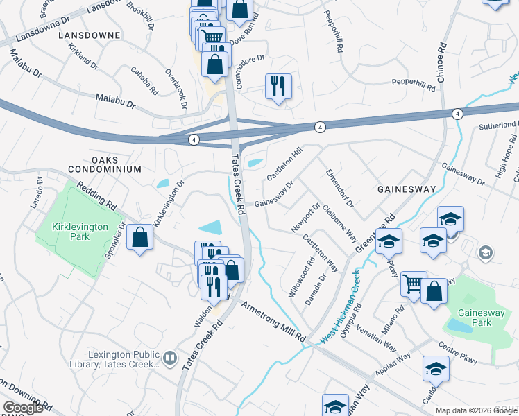 map of restaurants, bars, coffee shops, grocery stores, and more near 1000 Castleton Way in Lexington