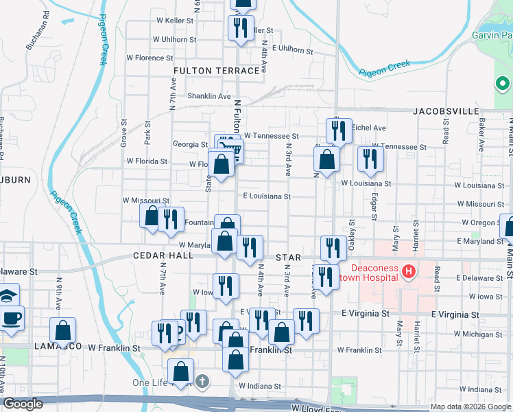 map of restaurants, bars, coffee shops, grocery stores, and more near 1024 North 4th Avenue in Evansville
