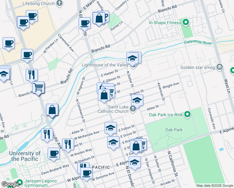 map of restaurants, bars, coffee shops, grocery stores, and more near 216 Essex Street in Stockton