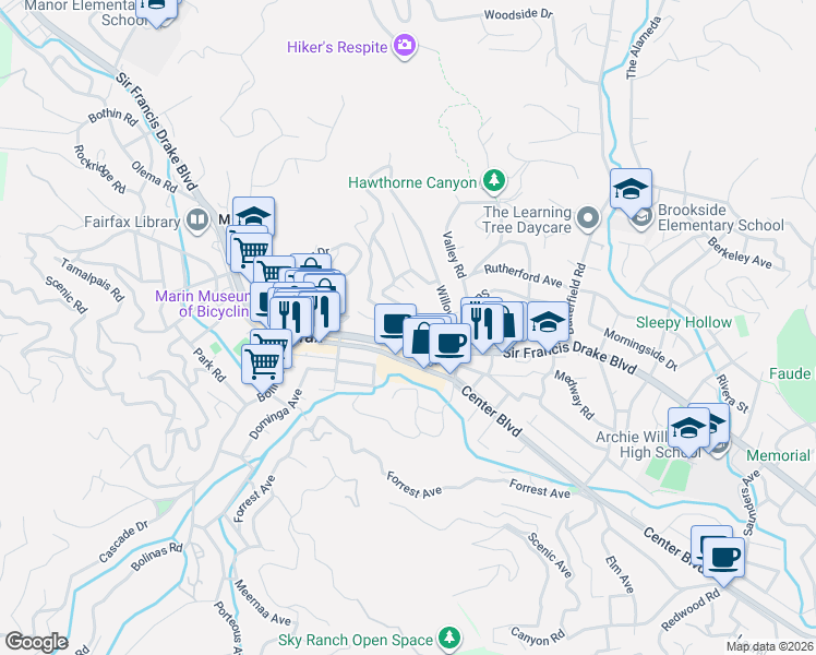 map of restaurants, bars, coffee shops, grocery stores, and more near 93 Live Oak Avenue in Fairfax