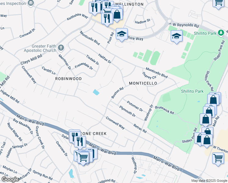 map of restaurants, bars, coffee shops, grocery stores, and more near 3469 Boston Road in Lexington