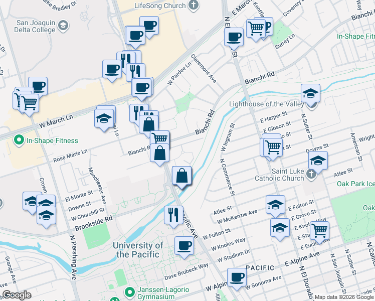 map of restaurants, bars, coffee shops, grocery stores, and more near 328 Northbank Court in Stockton