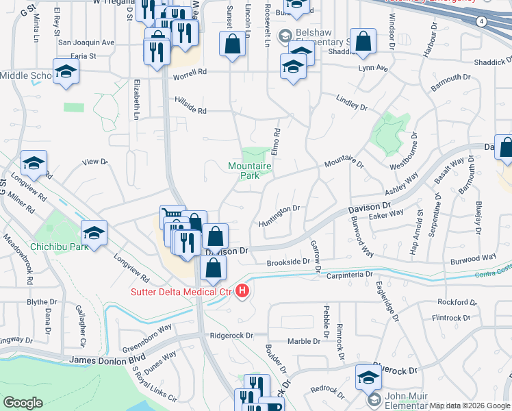 map of restaurants, bars, coffee shops, grocery stores, and more near 3509 Mountaire Drive in Antioch