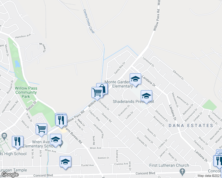 map of restaurants, bars, coffee shops, grocery stores, and more near 3712 Willow Pass Road in Concord