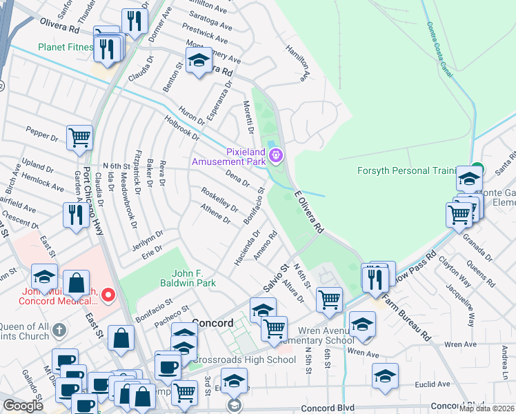 map of restaurants, bars, coffee shops, grocery stores, and more near 3168 Bonifacio Street in Concord