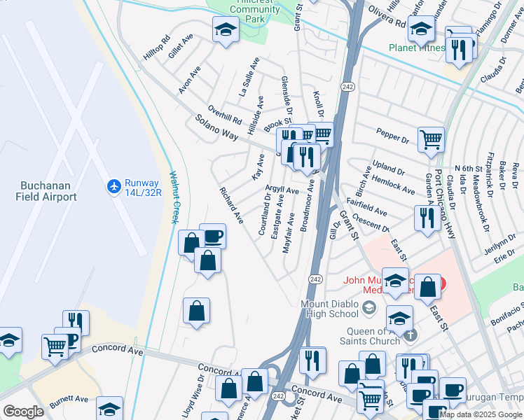 map of restaurants, bars, coffee shops, grocery stores, and more near 2761 Courtland Drive in Concord
