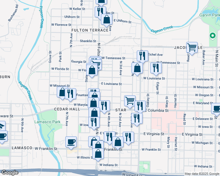 map of restaurants, bars, coffee shops, grocery stores, and more near 1024 North 4th Avenue in Evansville