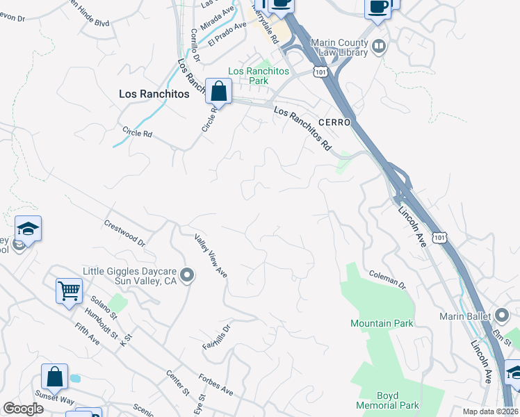 map of restaurants, bars, coffee shops, grocery stores, and more near 39 Rustic Way in San Rafael