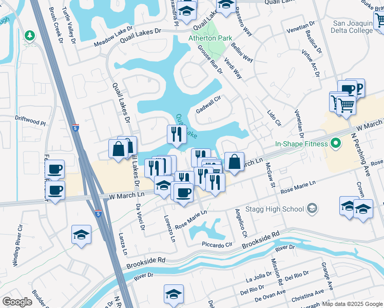 map of restaurants, bars, coffee shops, grocery stores, and more near 2291 West March Lane in Stockton