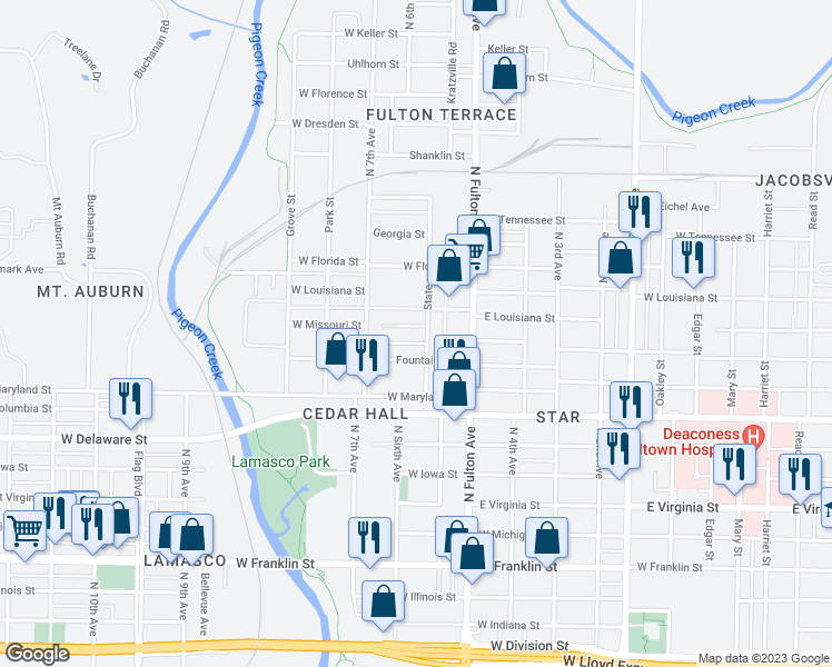 map of restaurants, bars, coffee shops, grocery stores, and more near 1306 West Missouri Street in Evansville