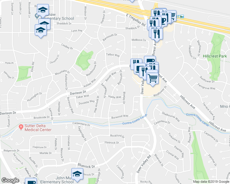 map of restaurants, bars, coffee shops, grocery stores, and more near 3341 Barmouth Drive in Antioch