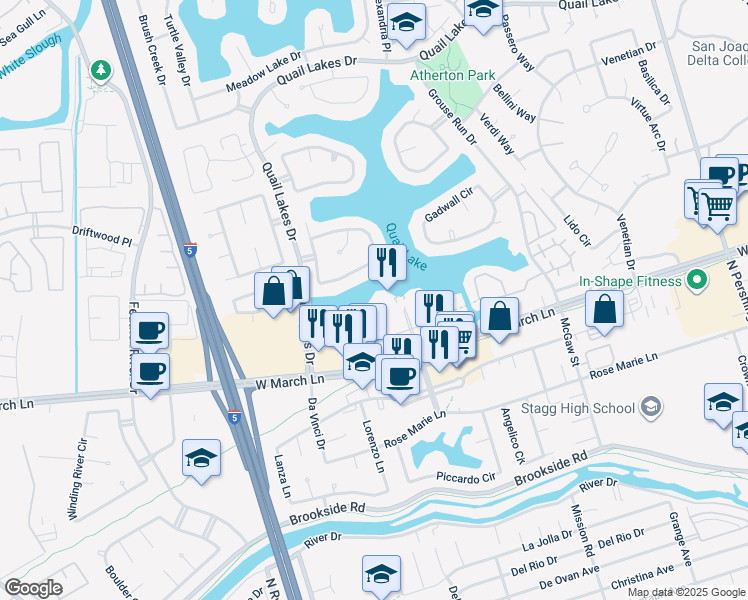 map of restaurants, bars, coffee shops, grocery stores, and more near 2381 West March Lane in Stockton