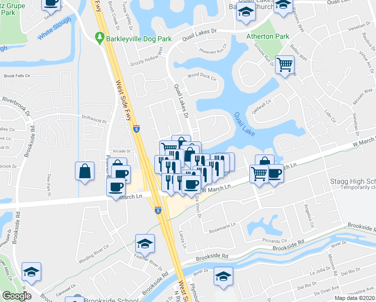 map of restaurants, bars, coffee shops, grocery stores, and more near 4661 Quail Lakes Drive in Stockton