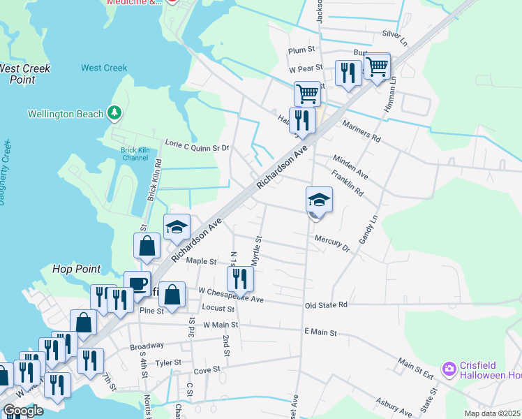 map of restaurants, bars, coffee shops, grocery stores, and more near 415 Myrtle Street in Crisfield