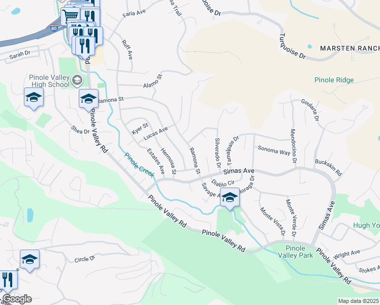 map of restaurants, bars, coffee shops, grocery stores, and more near 3262 Ramona Street in Pinole
