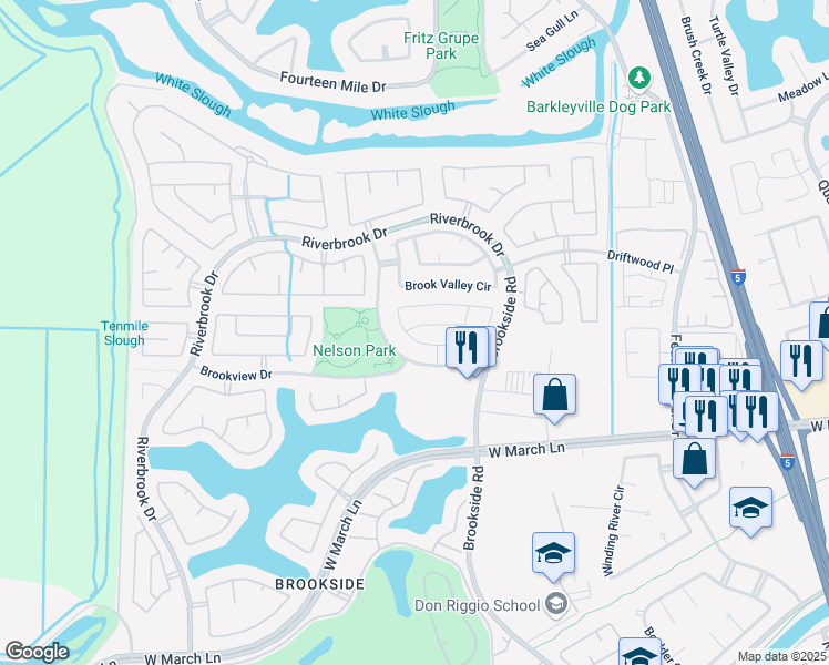 map of restaurants, bars, coffee shops, grocery stores, and more near 3388 Willowbrook Circle in Stockton