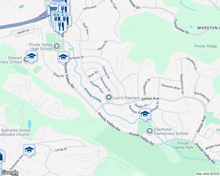 map of restaurants, bars, coffee shops, grocery stores, and more near 3245 Hermosa Street in Pinole
