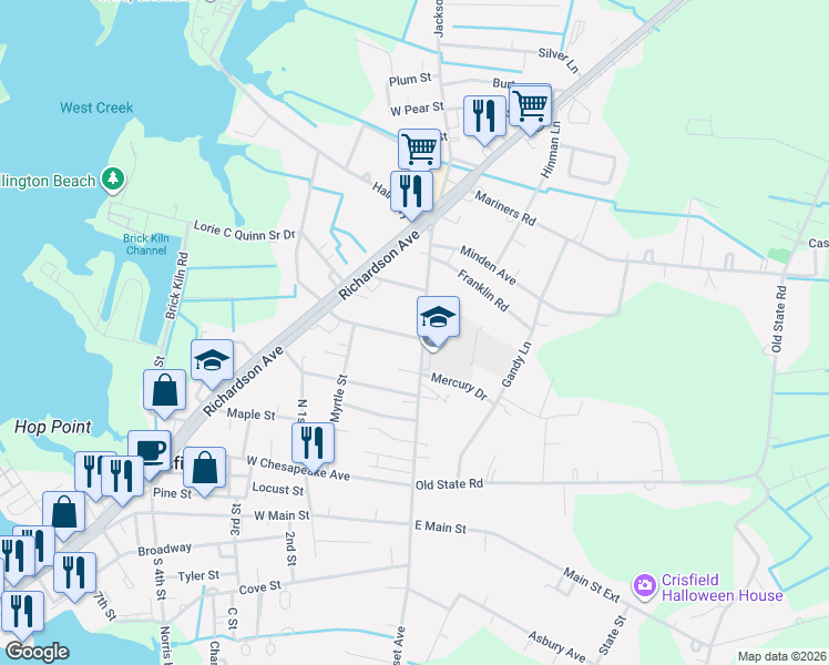 map of restaurants, bars, coffee shops, grocery stores, and more near 223 North Somerset Avenue in Crisfield